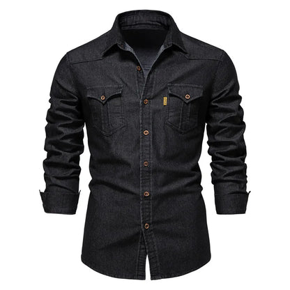 Men's Long Sleeve Button Shirt Cotton Contrast Dual Pocket