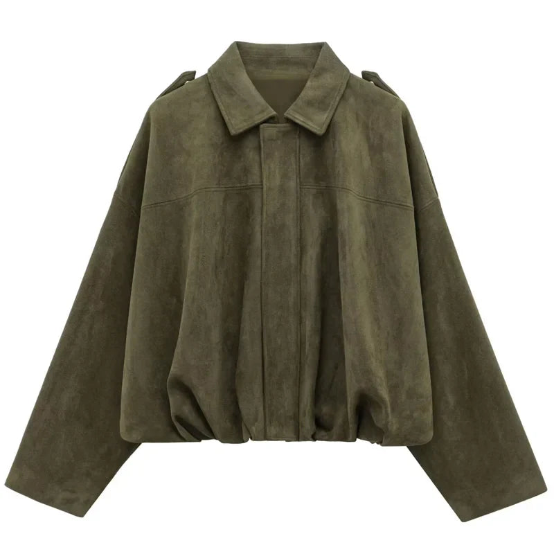 Women's Cropped Bomber Jacket Lapel Collar Zip Front
