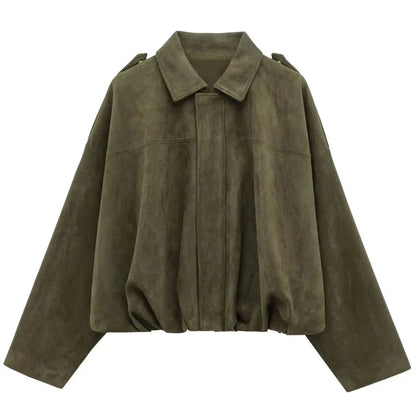 Women's Cropped Bomber Jacket Lapel Collar Zip Front