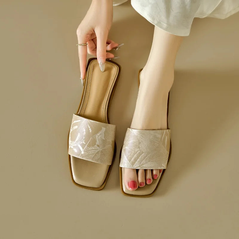 Women's Floral Sandals Square Toe Embossed Brown