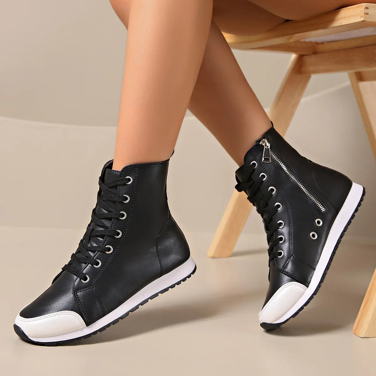 Men's High Sneaker Leather Black - VibreMode