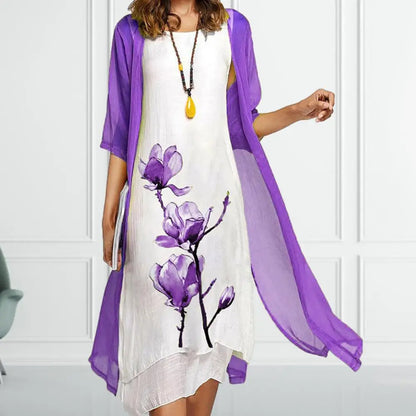 Women's Floral 2 Piece Dress Set with Lightweight Cardigan