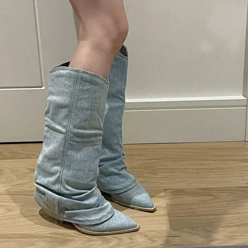 Women's Western Boots Knee High Pleated Pointed Toe Heeled