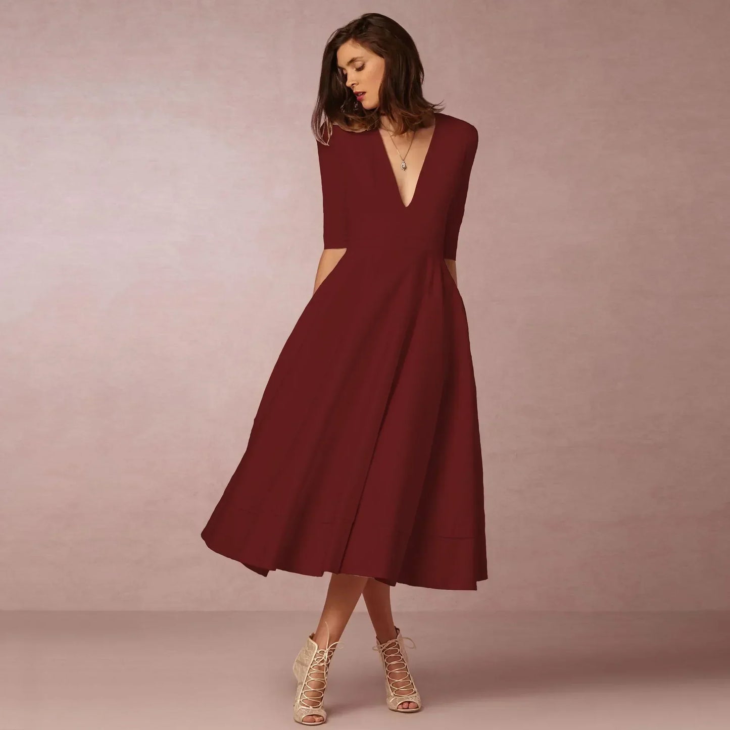 Women's Deep V Neck Midi Dress Half Sleeves Flared Skirt