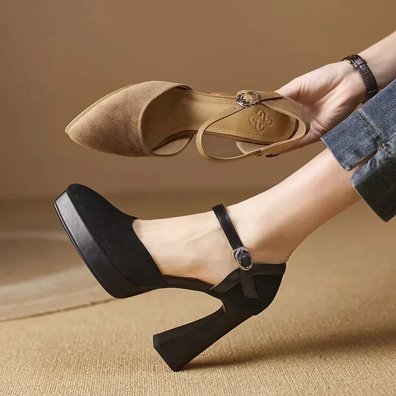 Ladies High Heel Ankle Strap Block Pumps Shoes