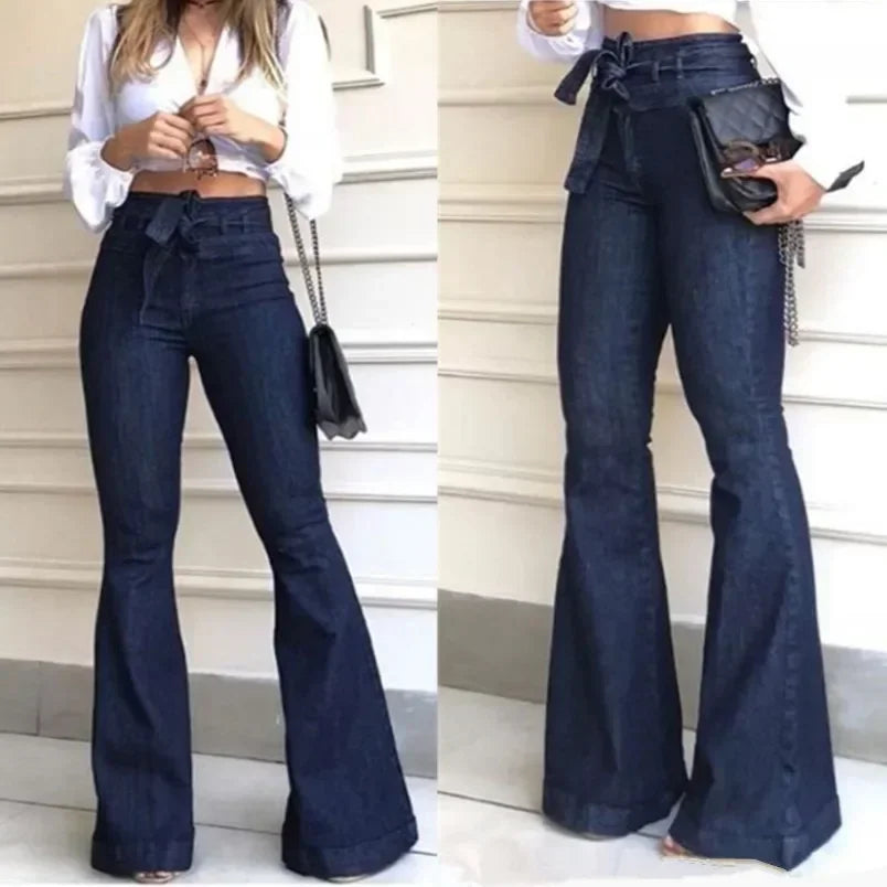 Women's High Waist Flare Jeans Slim Fit Dark Blue