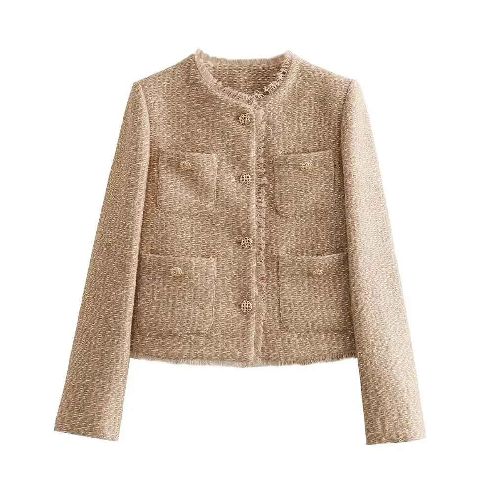 Women's Tweed Cropped Jacket Long Sleeve Beige