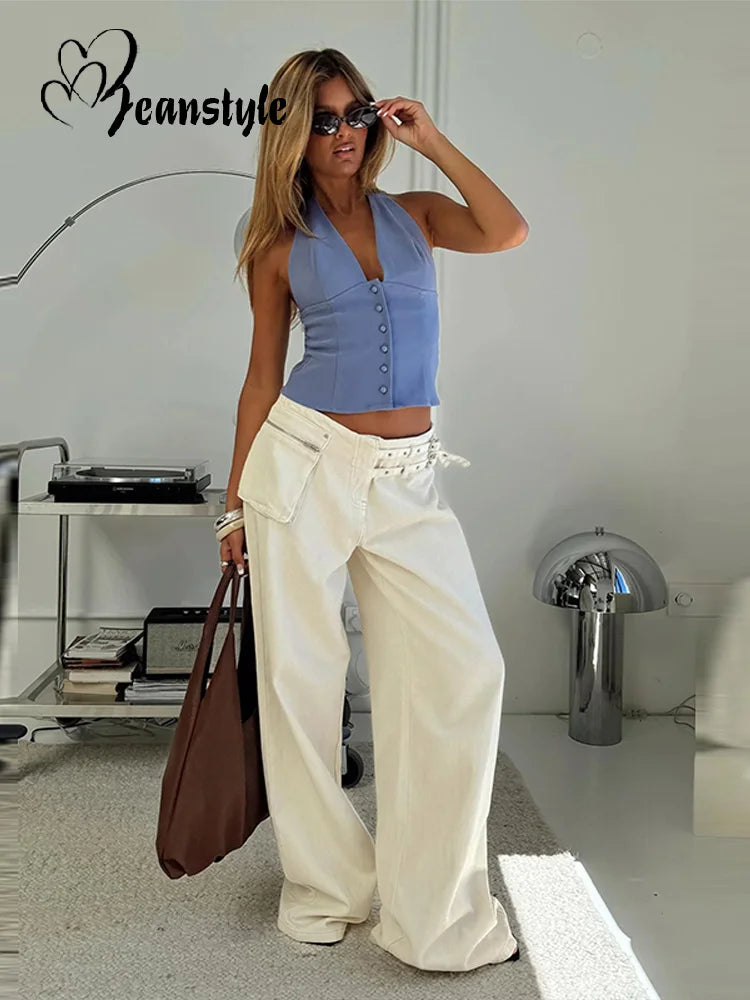 Women's Mid Rise Wide Leg Jeans Relaxed Fit Blue