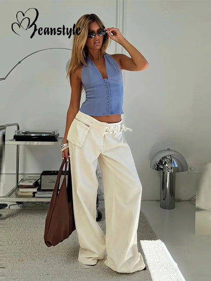 Women's Mid Rise Wide Leg Jeans Relaxed Fit Blue