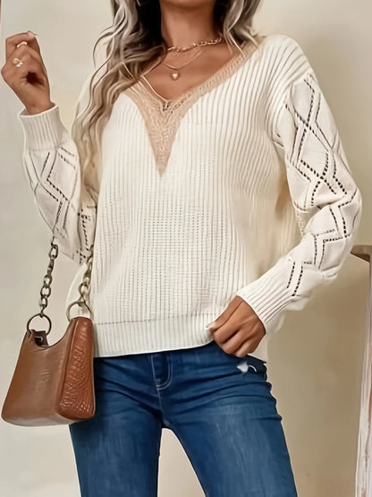 Women's V Neck Sweater Solid Paisley Pattern