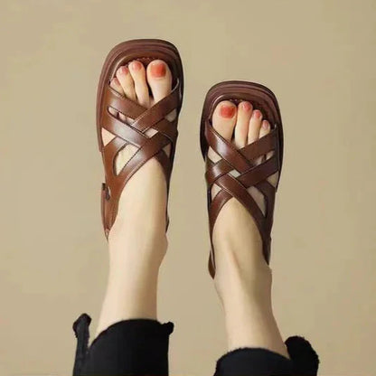 Luxury Brown Leather Flat Sandals