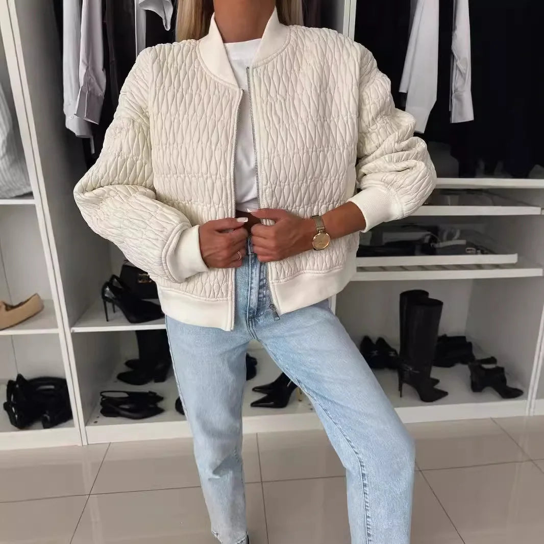 Women's Quilted Bomber Jacket Zip Front Ribbed Trim - VibreMode