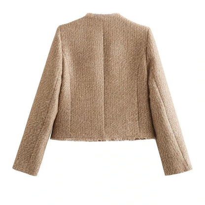 Women's Tweed Cropped Jacket Long Sleeve Beige