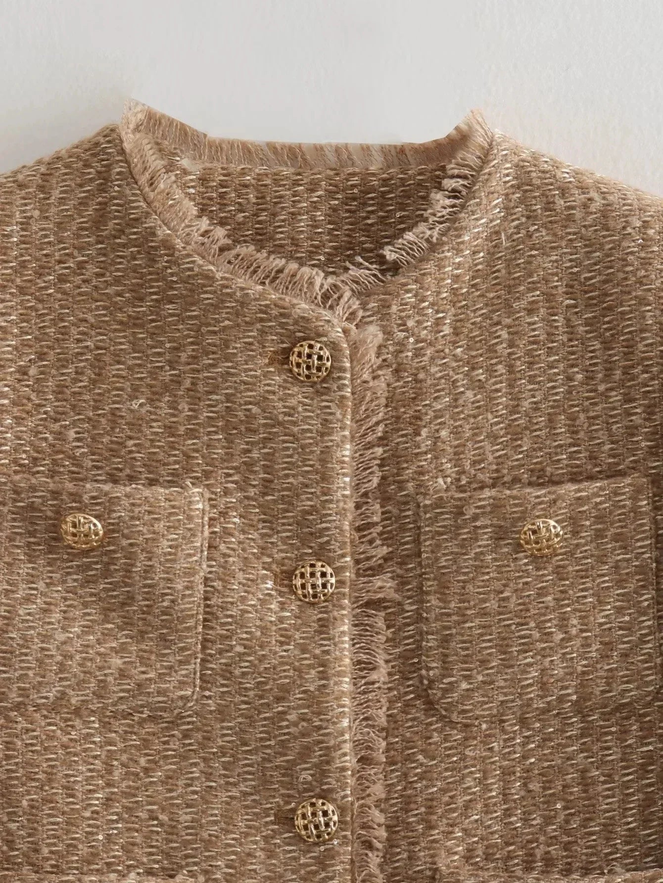 Women's Tweed Cropped Jacket Long Sleeve Beige