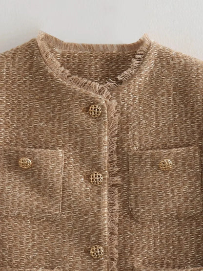 Women's Tweed Cropped Jacket Long Sleeve Beige