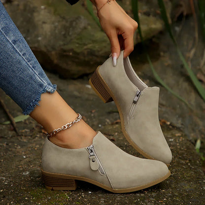 Women's Low Ankle Boots Side Zipper Block Heel