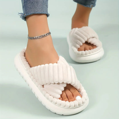 Women's Plush Open Toe Slippers Soft Cushioned Sole