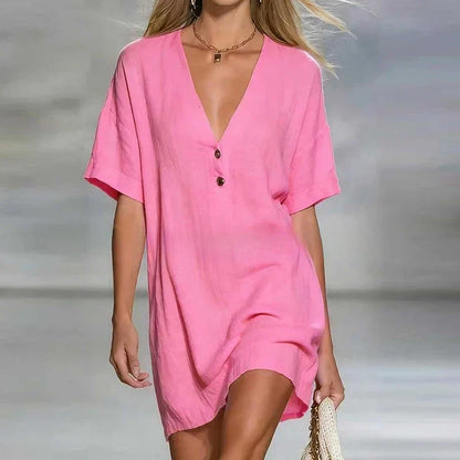 Women's V Neck Linen Shirt Dress