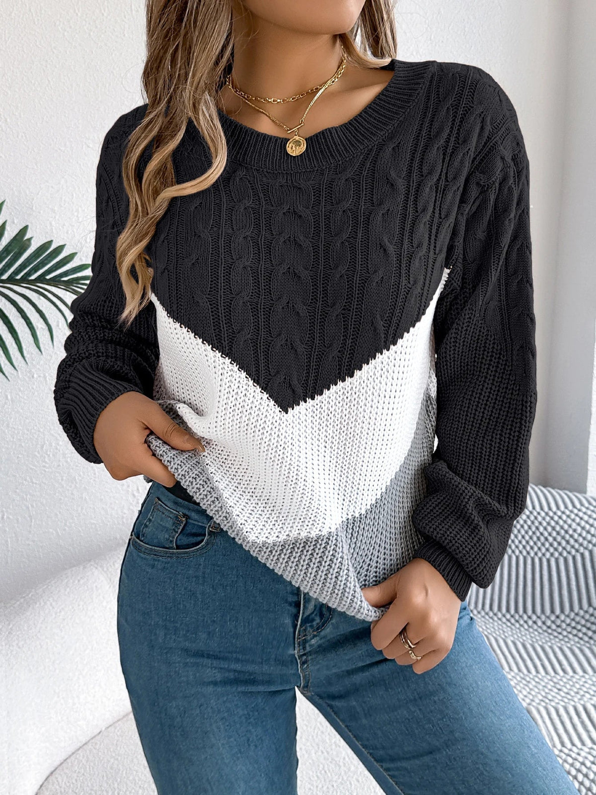 Women's Long Sleeve Sweater Contrast Panel - VibreMode
