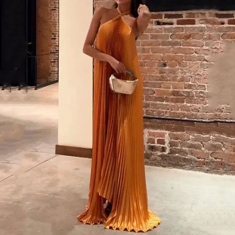 Elegant Ladies' Pleated Halter Neck Evening Maxi Dress