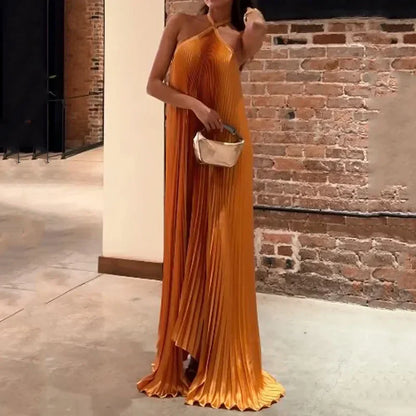 Elegant Ladies' Pleated Halter Neck Evening Maxi Dress