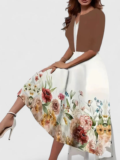 Women's Floral Midi A-Line Dress 3/4 Sleeve