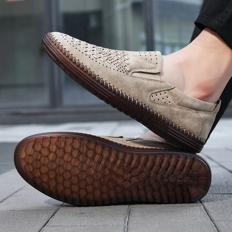 Men's Perforated Loafers Textured Leather Upper