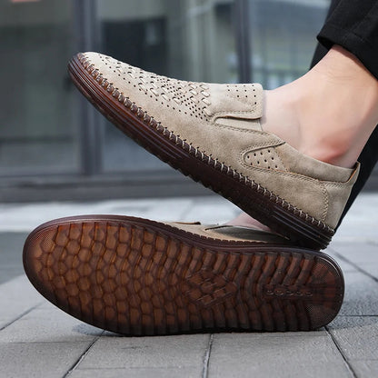 Men's Perforated Loafers Textured Leather Upper