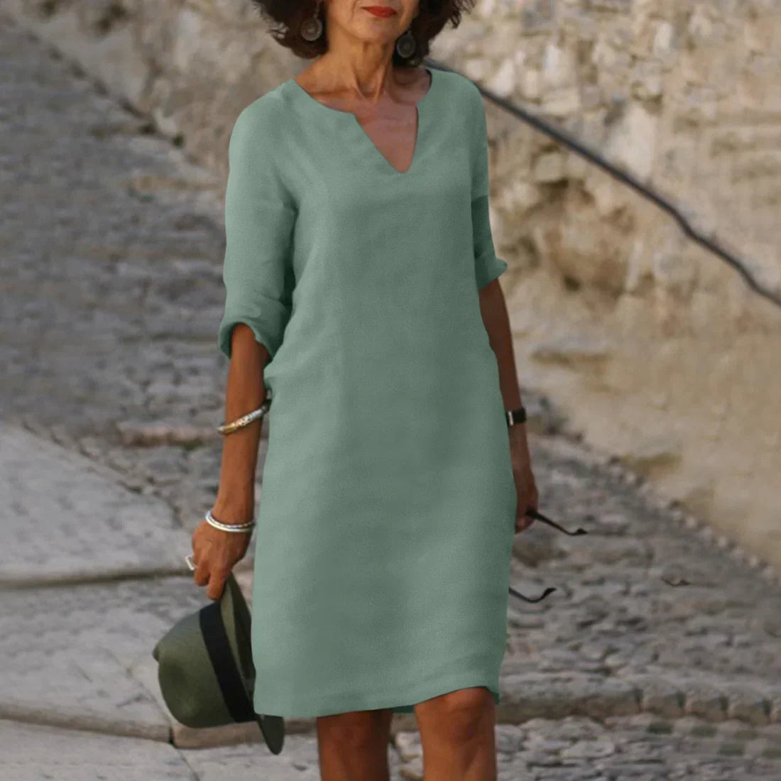 Women's V-Neck Mini Dress 3/4 Sleeves