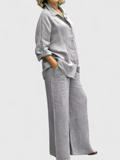 Women's Two-Piece Button-Down Shirt Set Wide Leg Pants