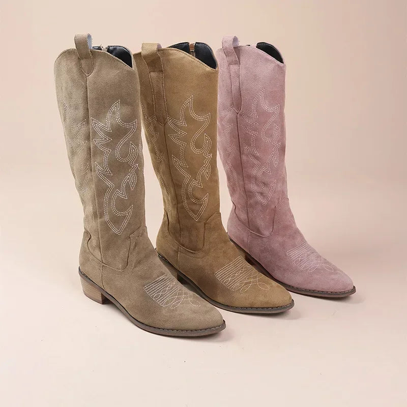 Women's Knee High Cowboy Boots Embroidered Design Chunky Heel