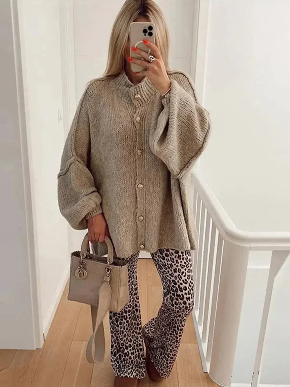 Women's Bat Sleeve Cardigan Wool Lapel Metal Buttons Beige