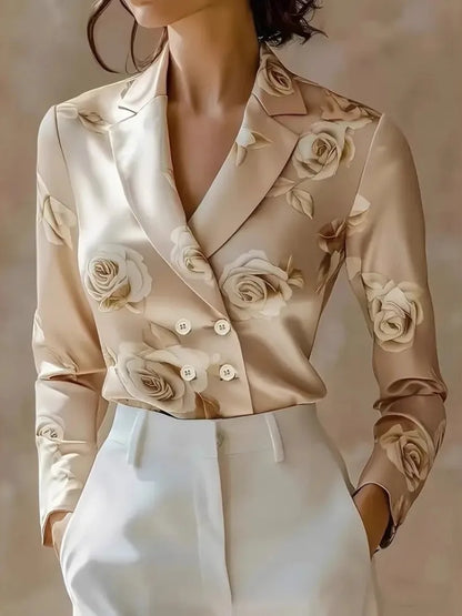 Women's Satin Double-Breasted Blouse Floral Print - VibreMode