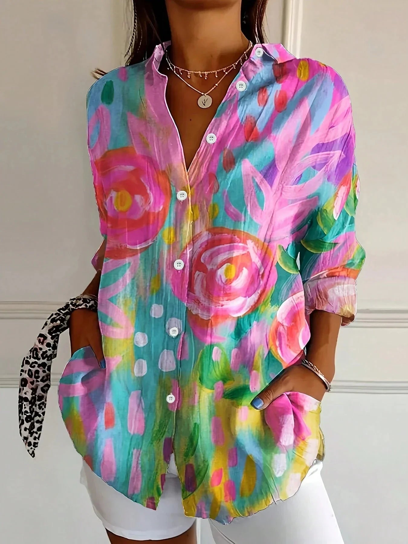 Vibrant Women's Blouse with Fun Floral Pattern - VibreMode
