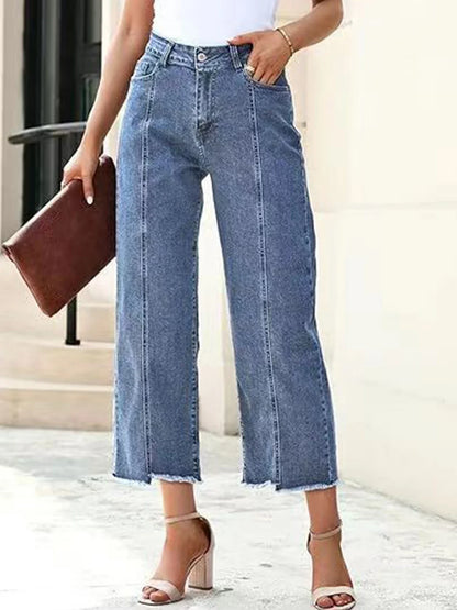 Women's High Waist Wide Leg Jeans 3/4 Length Straight Fit
