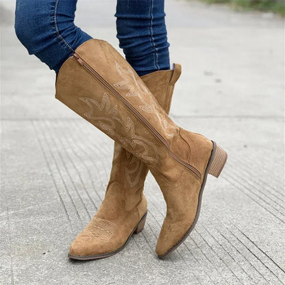 Women's Knee High Cowboy Boots Embroidered Design Chunky Heel
