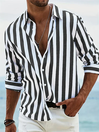 Men's Long Sleeve Vertical Striped Shirt Button Front
