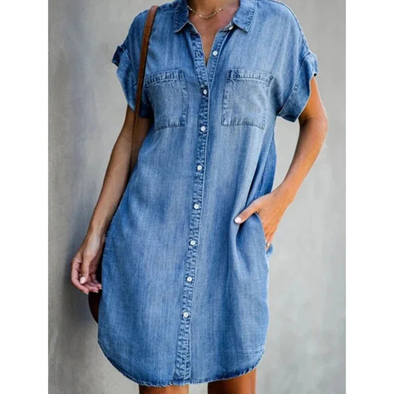 Women's Denim Shirt Dress Button Down - VibreMode