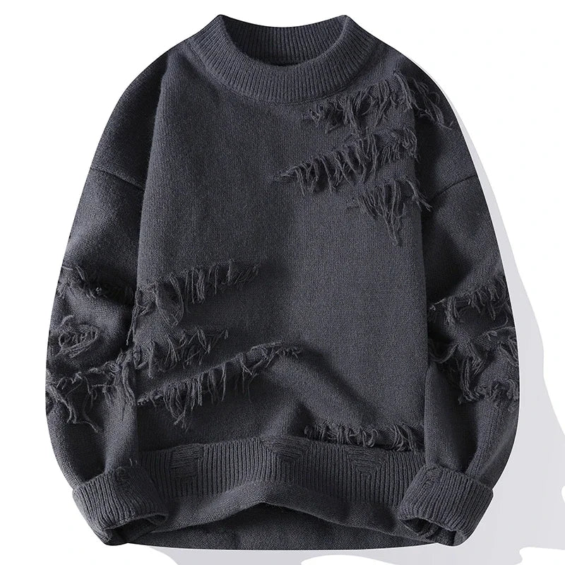 Black distressed sweater on a white background
