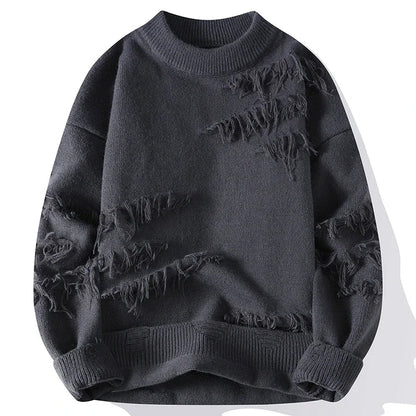 Black distressed sweater on a white background