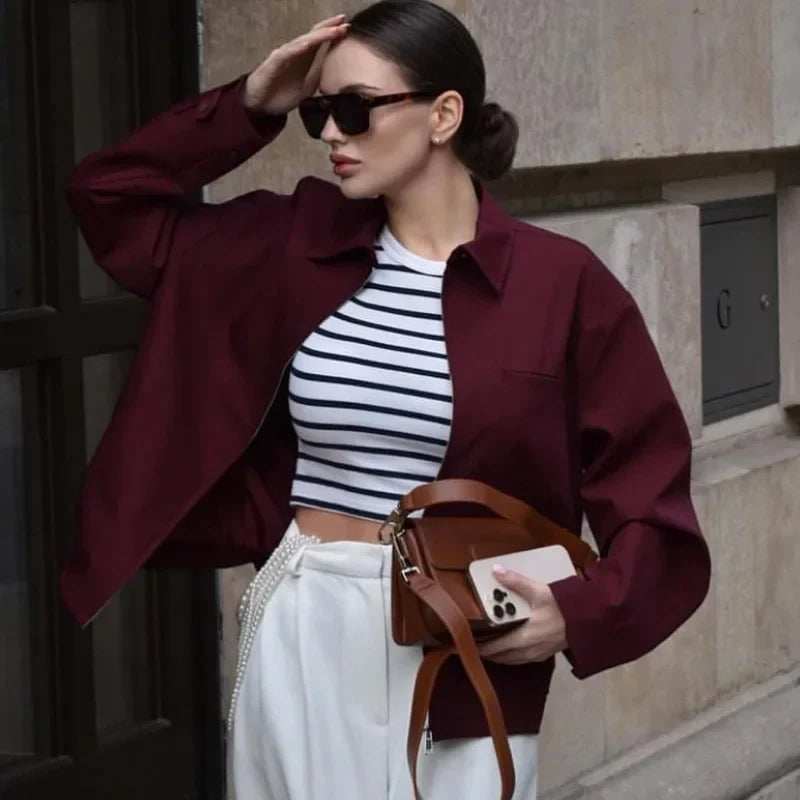 Women's Cropped Bomber Jacket Long Sleeve - VibreMode