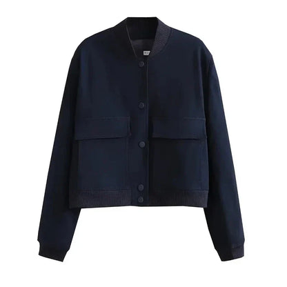 Women's Cropped Bomber Jacket Baseball Collar Snap Buttons