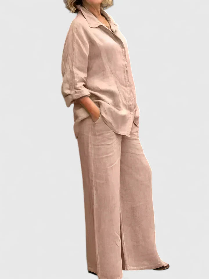 Women's Two-Piece Button-Down Shirt Set Wide Leg Pants
