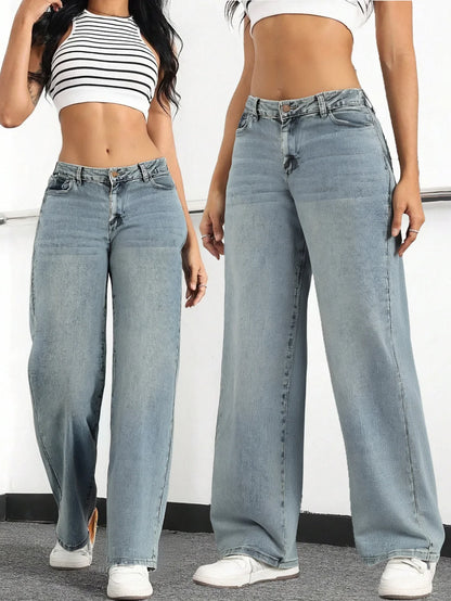 Women's High Waist Wide Leg Denim Jeans Lightweight Blue Casual
