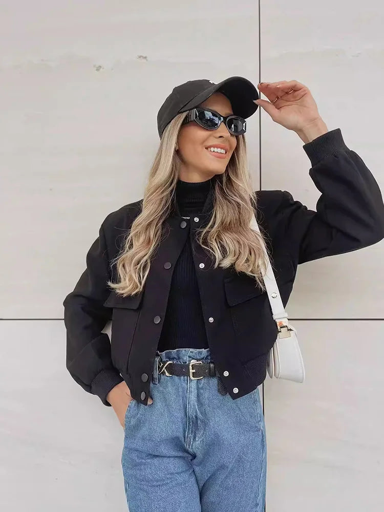 Women's Bomber Jacket Lightweight Cotton Black