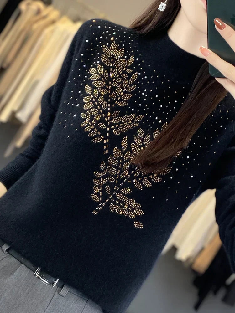 Women's Embellished Sweater Leaf Design