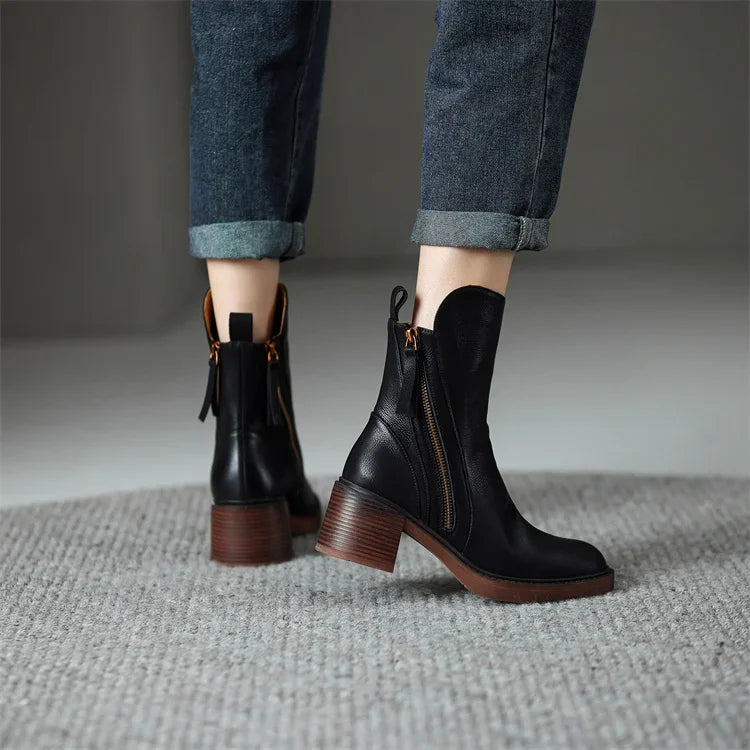 Women's Ankle Boots Chunky Sole Tassel Accent Brown