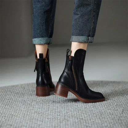 Women's Ankle Boots Chunky Sole Tassel Accent Brown