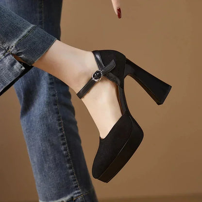 Ladies High Heel Ankle Strap Block Pumps Shoes