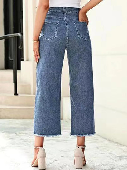 Women's High Waist Wide Leg Jeans 3/4 Length Straight Fit